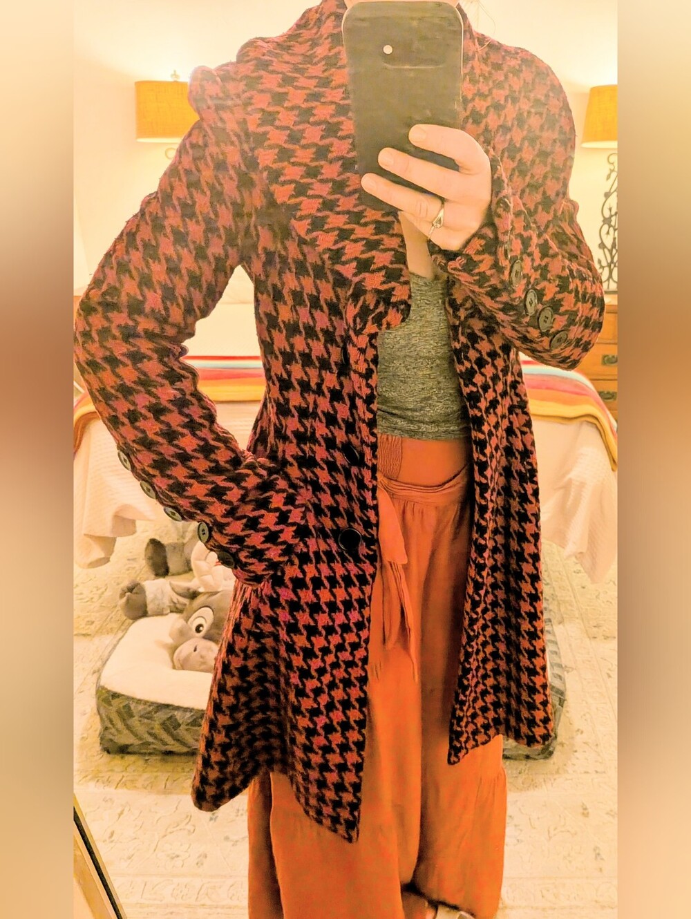 Women's Houndstooth Long Coat in Magenta and Black - Express Circa 2008- XS - Picture 1 of 9